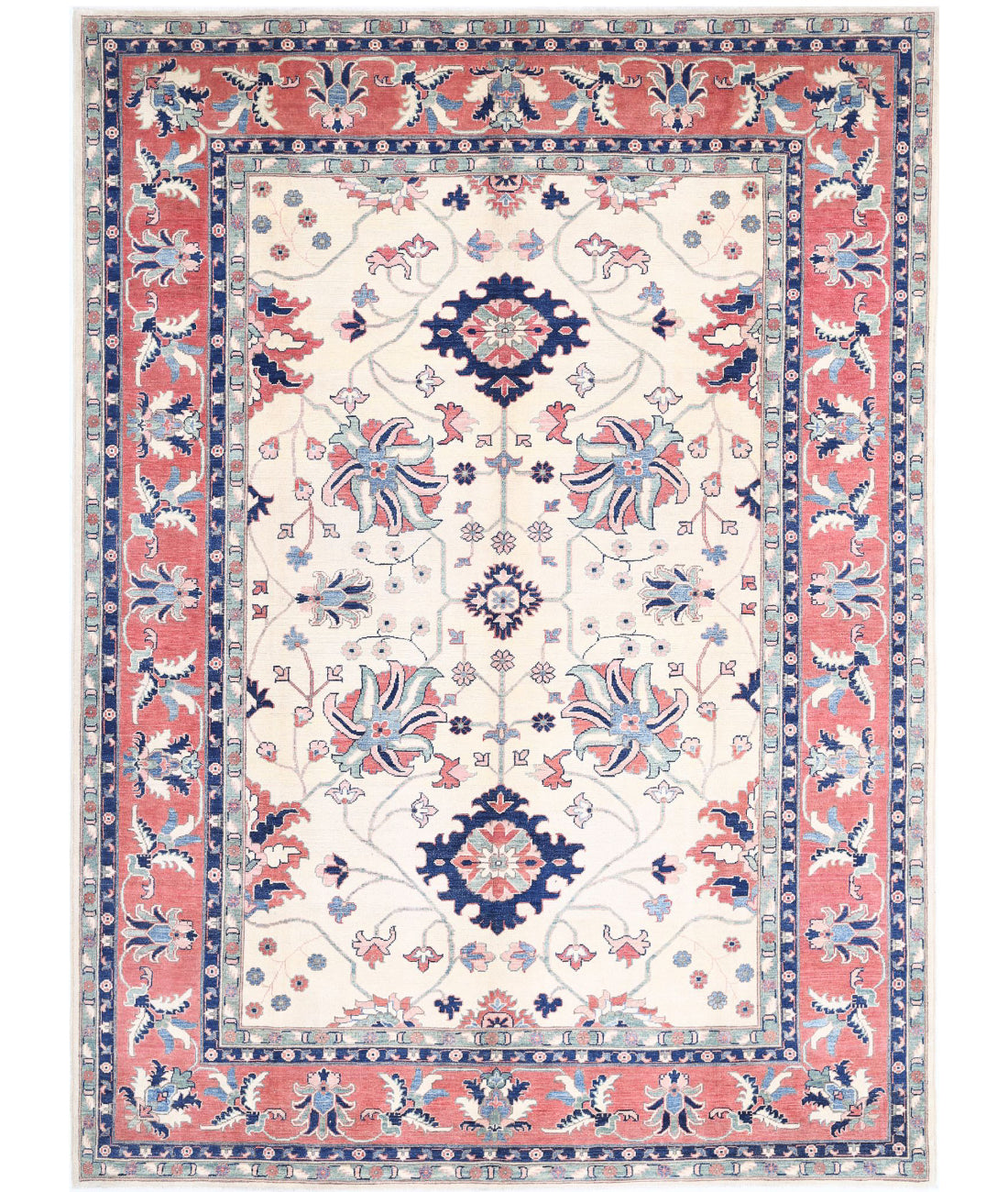 Hand Knotted Tribal Kazak Wool Rug - 8'6'' x 11'8'' 8'6'' x 11'8'' (255 X 350) / Ivory / Red