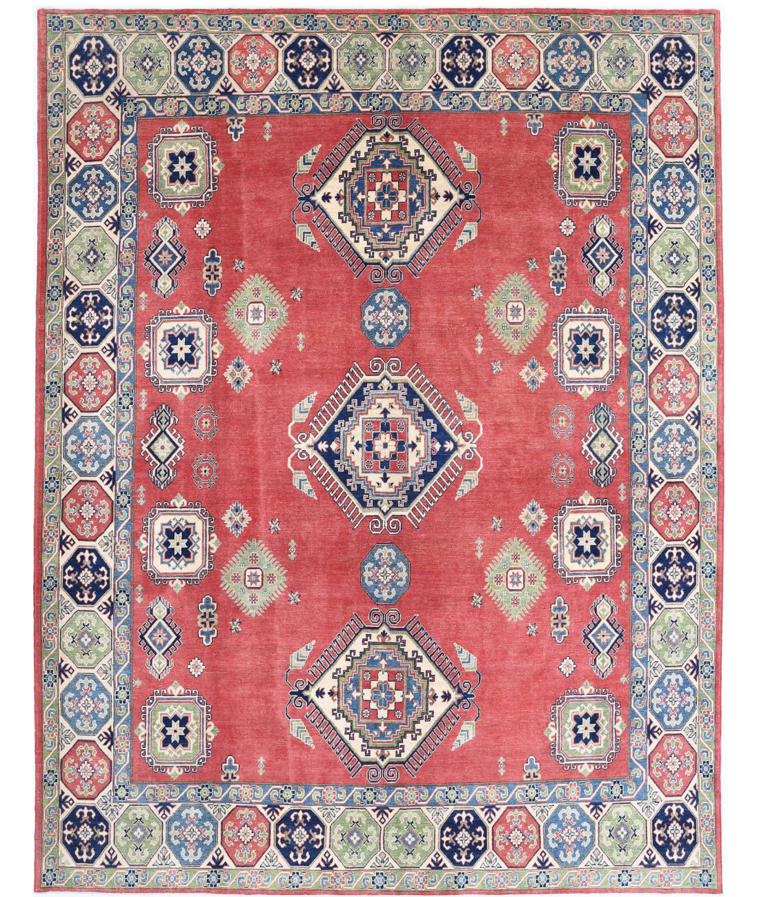 Hand Knotted Tribal Kazak Wool Rug - 9'1'' x 11'8'' 9'1'' x 11'8'' (273 X 350) / Red / Ivory