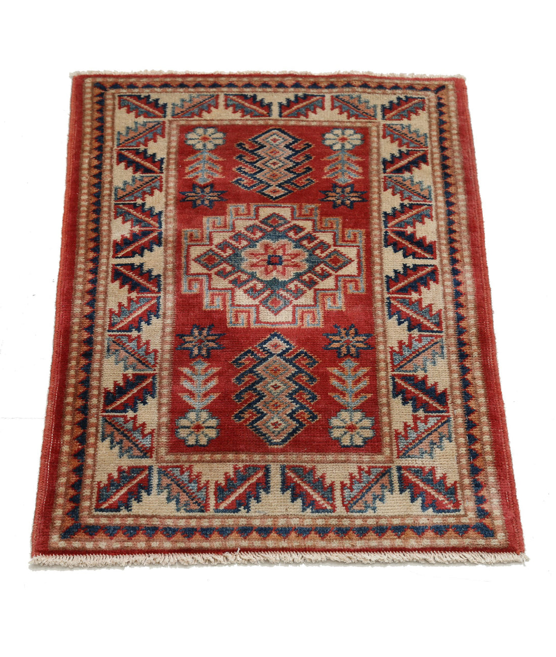 Hand Knotted Tribal Afzali Kazak Wool Rug - 1'10'' x 2'9'' 1'10'' x 2'9'' (55 X 83) / Red / Ivory