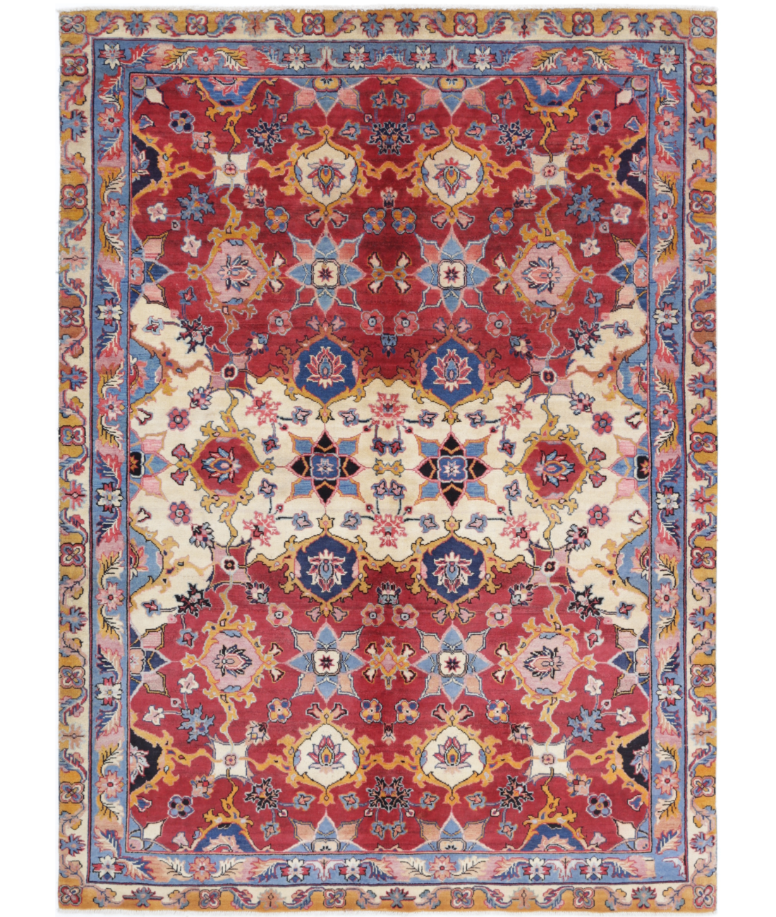 Hand Knotted Agra Wool Rug - 5'0'' x 7'0'' 5'0'' x 7'0'' (60 X 123) / Red / Blue