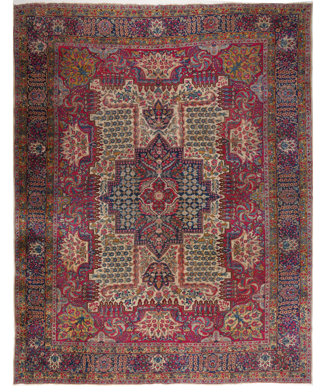 Hand Knotted Antique Masterpiece Persian Kerman Wool Rug - 8'11'' x 11'7'' 8' 11" X 11' 7" (272 X 353) / Red / Blue