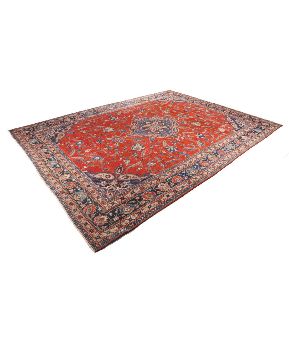 Hand Knotted Antique Persian Tabriz Wool Rug - 9'0'' x 12'3'' 9' 0" X 12' 3" (274 X 373) / Rust / Blue