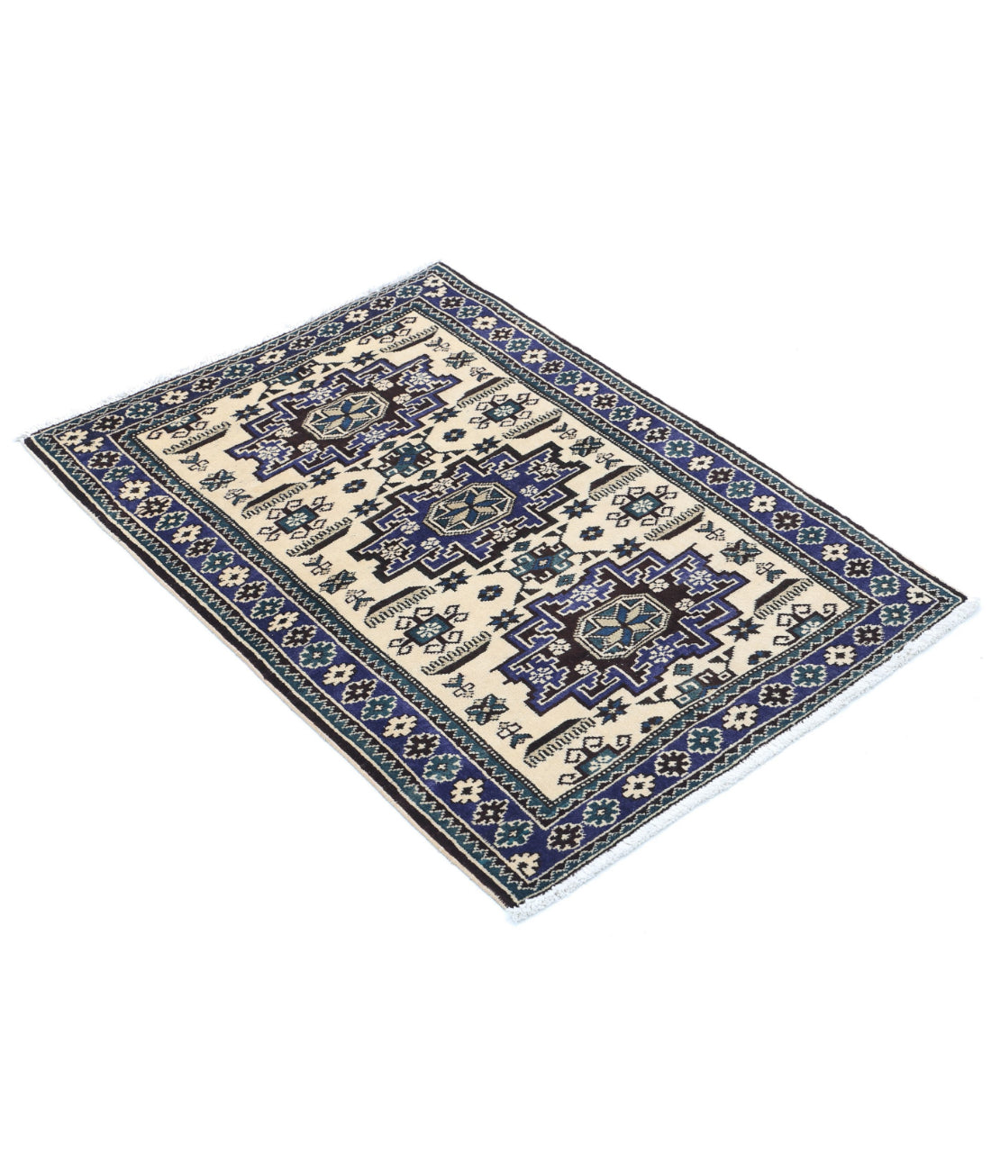 Hand Knotted Persian Kazak Wool Rug - 2'5'' x 3'4'' 2'5'' x 3'4'' (73 X 100) / Ivory / Blue