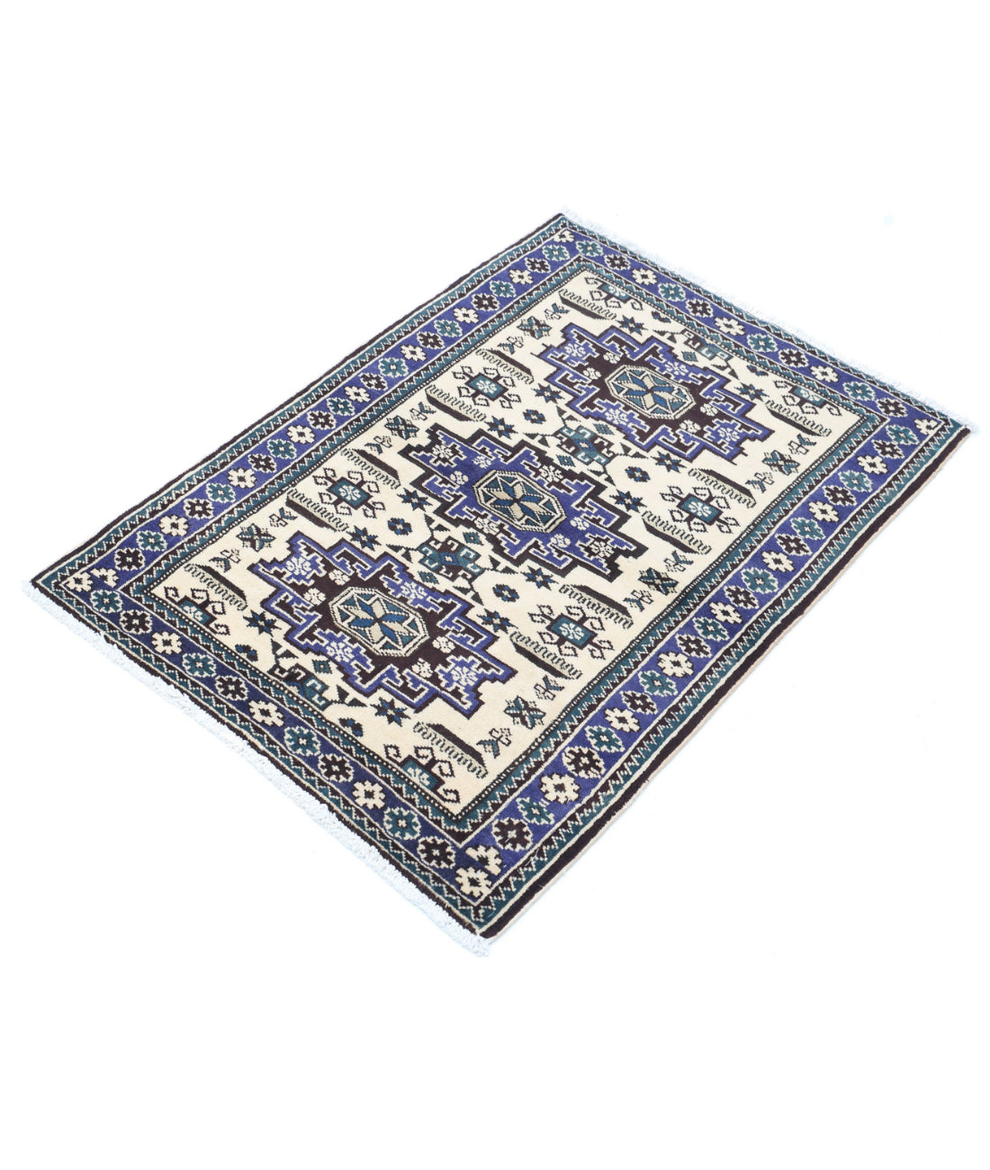 Hand Knotted Persian Kazak Wool Rug - 2'5'' x 3'4'' 2'5'' x 3'4'' (73 X 100) / Ivory / Blue