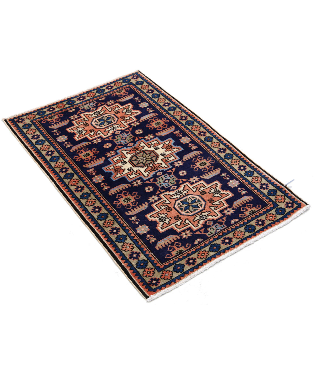 Hand Knotted Persian Kazak Wool Rug - 2'4'' x 3'7'' 2'4'' x 3'7'' (70 X 108) / Blue / N/A