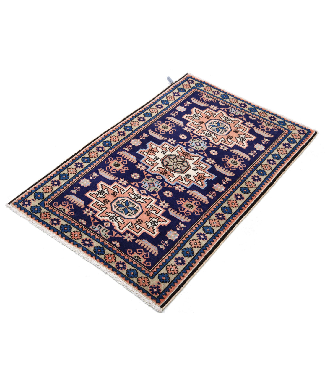 Hand Knotted Persian Kazak Wool Rug - 2'4'' x 3'7'' 2'4'' x 3'7'' (70 X 108) / Blue / N/A