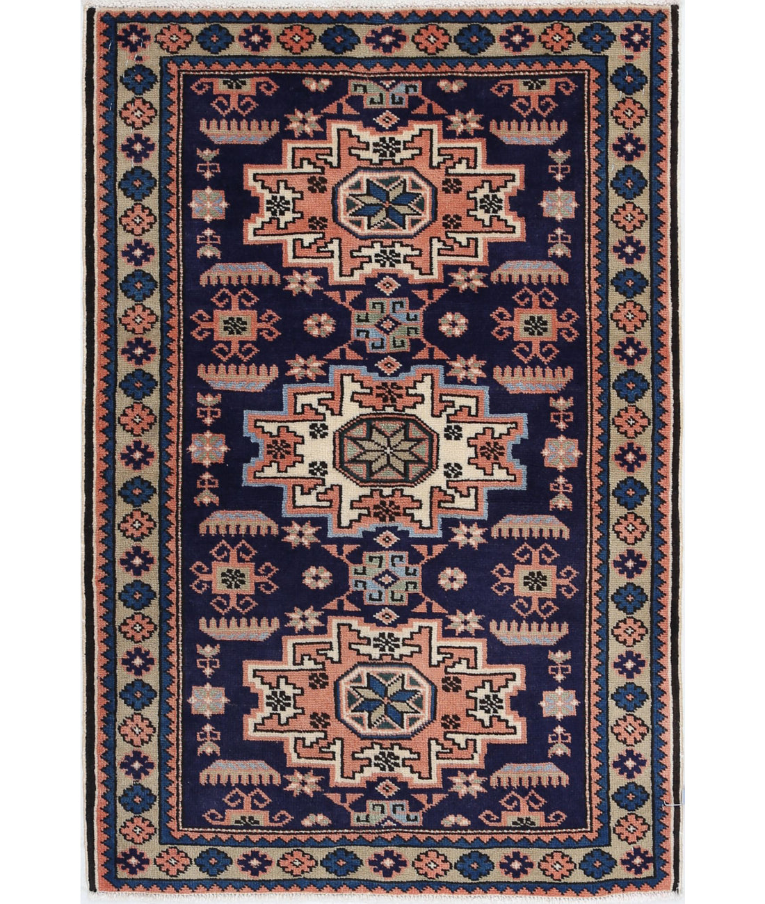 Hand Knotted Persian Kazak Wool Rug - 2'4'' x 3'7'' 2'4'' x 3'7'' (70 X 108) / Blue / N/A