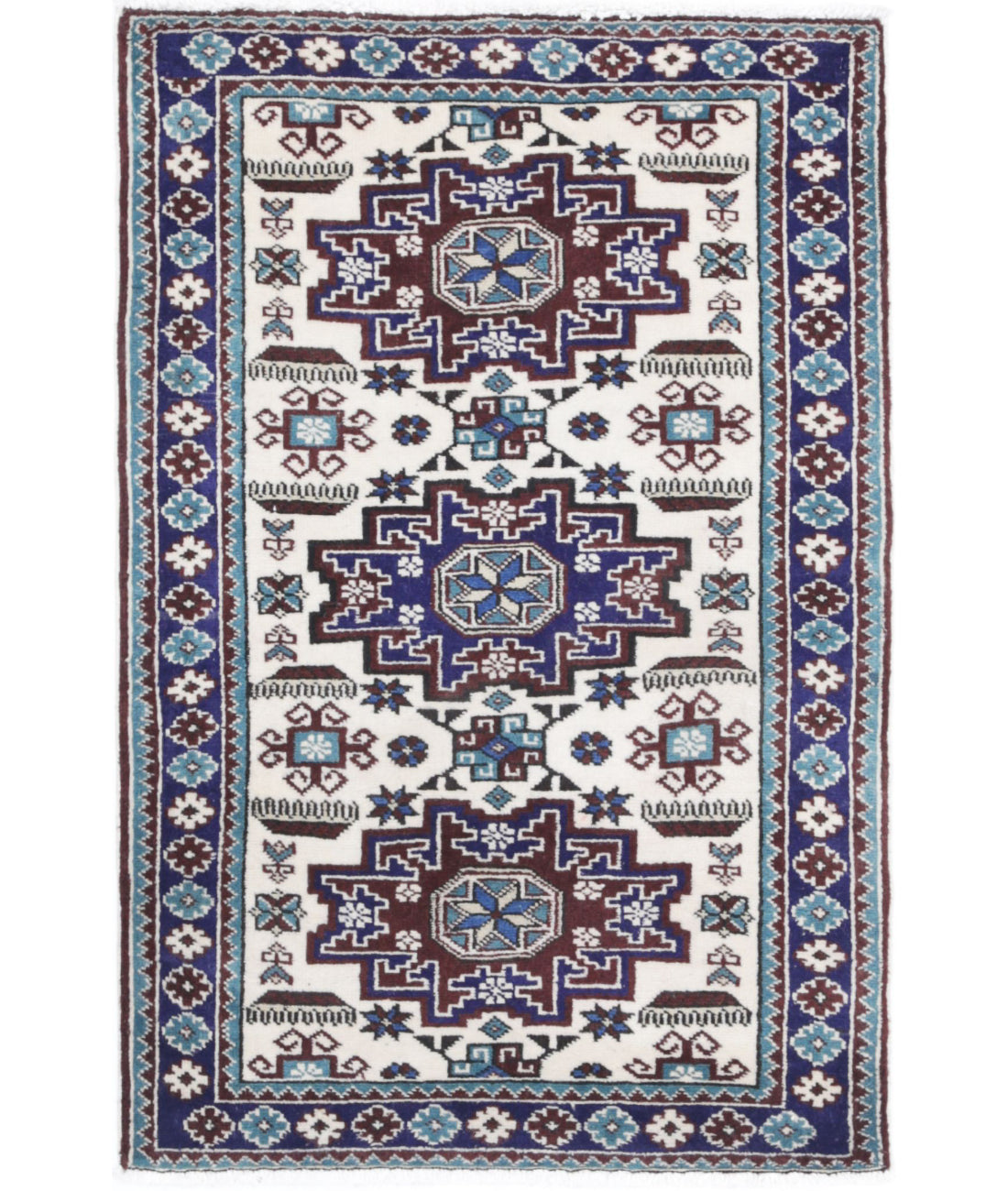 Hand Knotted Persian Kazak Wool Rug - 2&#39;3&#39;&#39; x 3&#39;6&#39;&#39; 2&#39;3&#39;&#39; x 3&#39;6&#39;&#39; (68 X 105) / Ivory / Blue