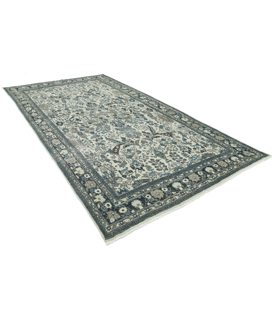 Hand Knotted Vintage Persian Bakhtiari Wool Rug - 7'2'' x 13'0'' 7'2'' x 13'0'' (215 X 390) / Ivory / Blue