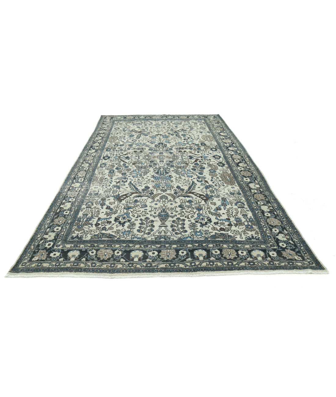 Hand Knotted Vintage Persian Bakhtiari Wool Rug - 7'2'' x 13'0'' 7'2'' x 13'0'' (215 X 390) / Ivory / Blue