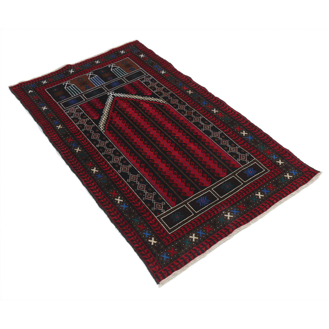 Alfombra tribal de lana Baluch anudada a mano - 3'0'' x 4'10''