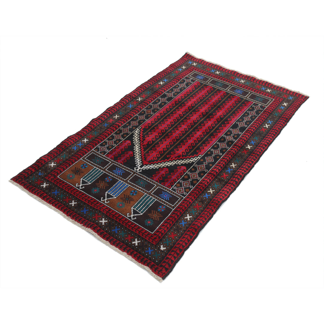 Alfombra tribal de lana Baluch anudada a mano - 3'0'' x 4'10''