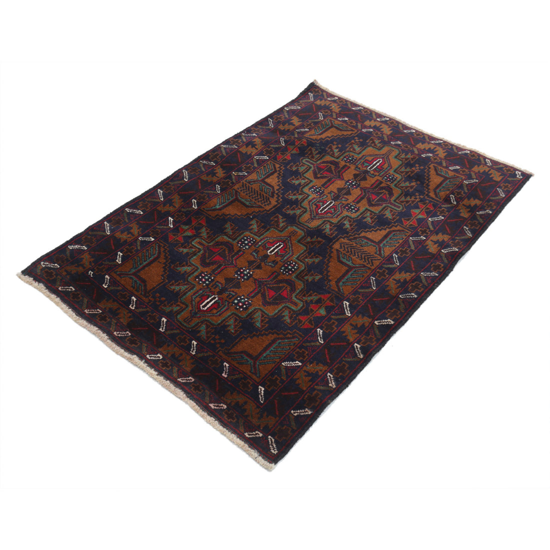Alfombra tribal de lana Baluch anudada a mano - 2'11'' x 4'3''