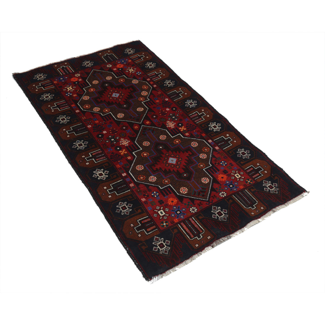 Alfombra tribal de lana Baluch anudada a mano - 2'8'' x 4'9''
