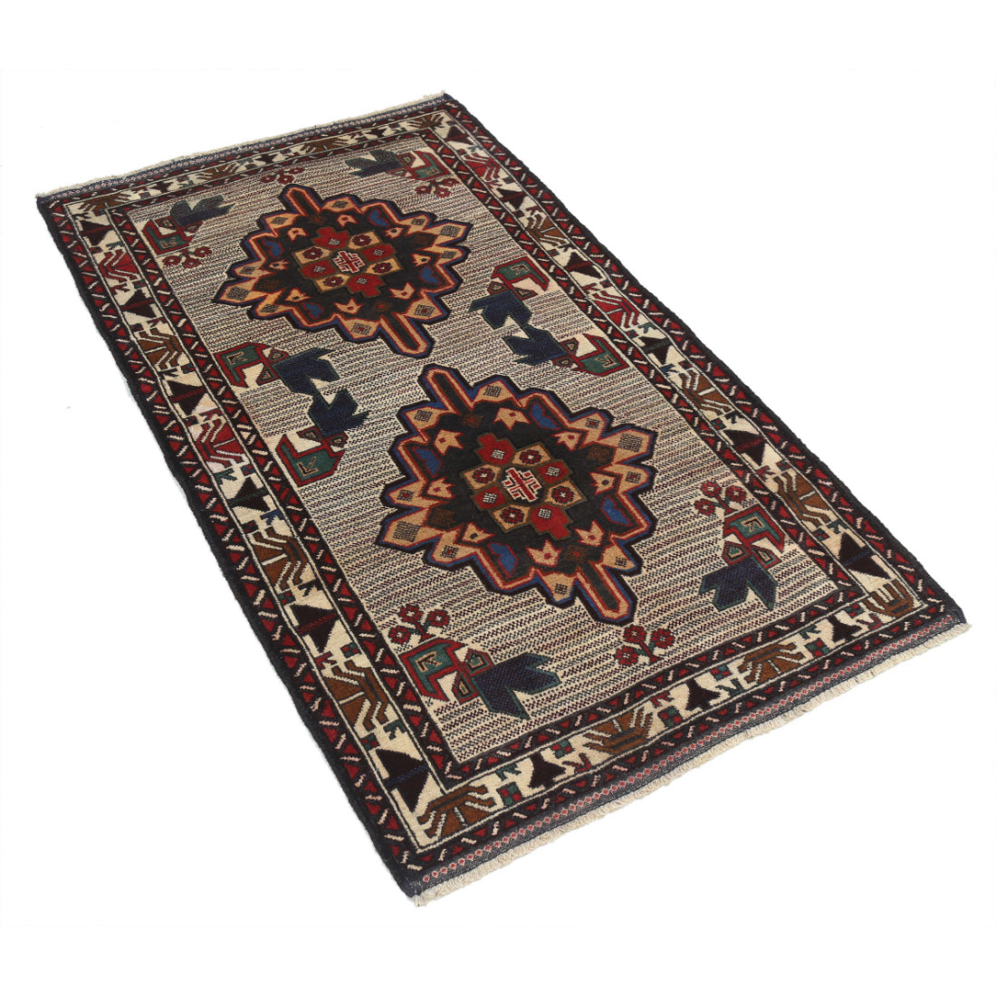 Alfombra tribal de lana Baluch anudada a mano - 3'0'' x 4'9''
