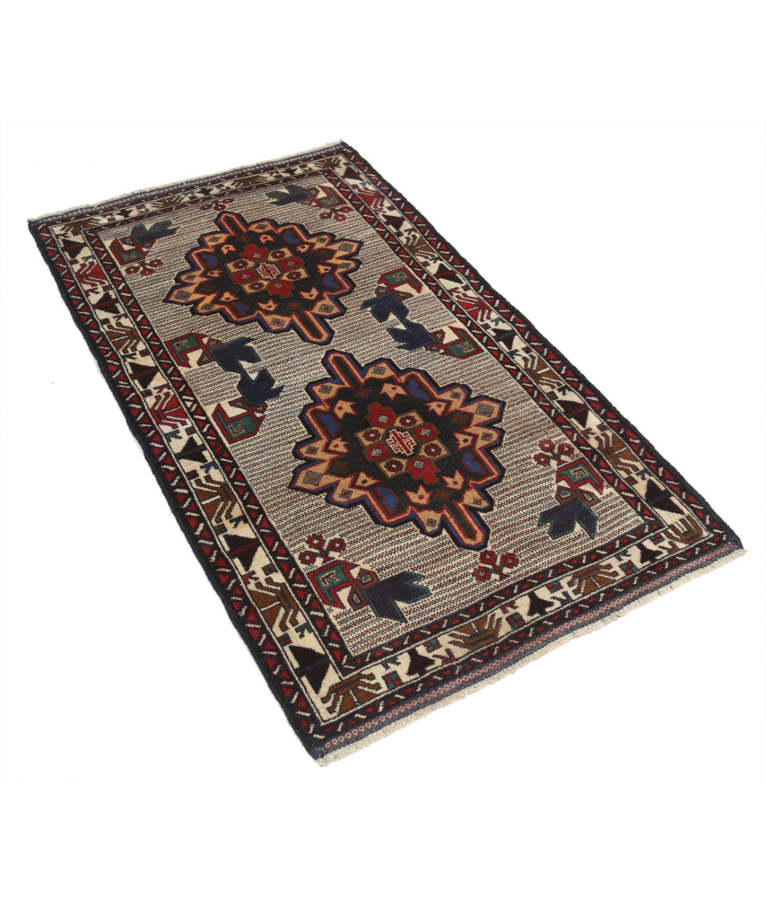 Alfombra tribal de lana Baluch anudada a mano - 3'0'' x 4'9''