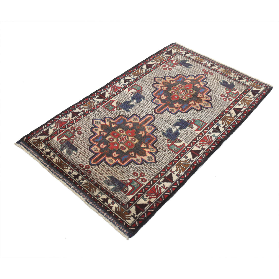 Alfombra tribal de lana Baluch anudada a mano - 3'0'' x 4'9''