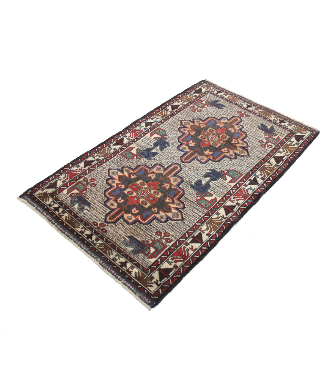 Alfombra tribal de lana Baluch anudada a mano - 3'0'' x 4'9''