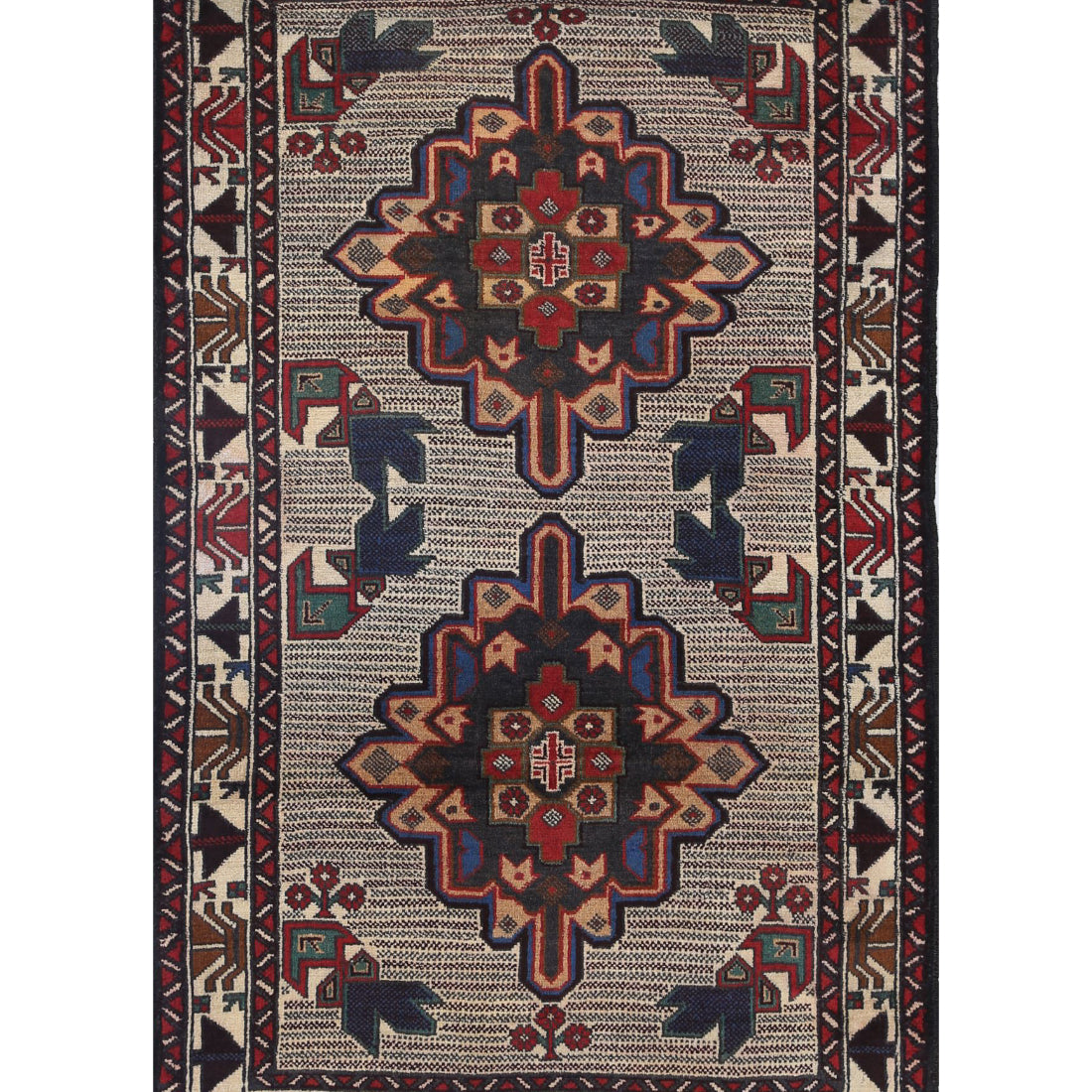 Alfombra tribal de lana Baluch anudada a mano - 3'0'' x 4'9''