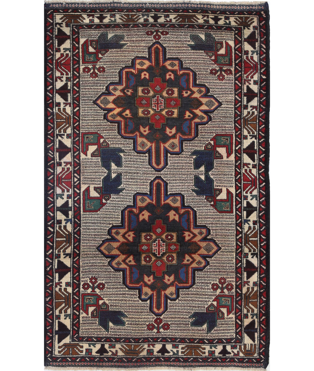 Alfombra tribal de lana Baluch anudada a mano - 3'0'' x 4'9''