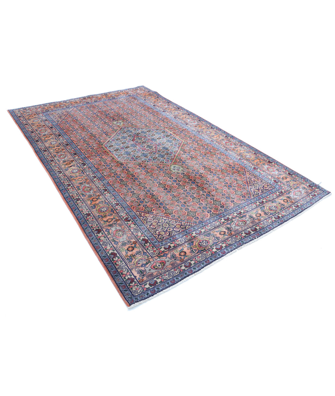 Hand Knotted Persian Bijar Wool Rug - 6'1'' x 9'3'' 6'1'' x 9'3'' (183 X 278) / Peach / Blue