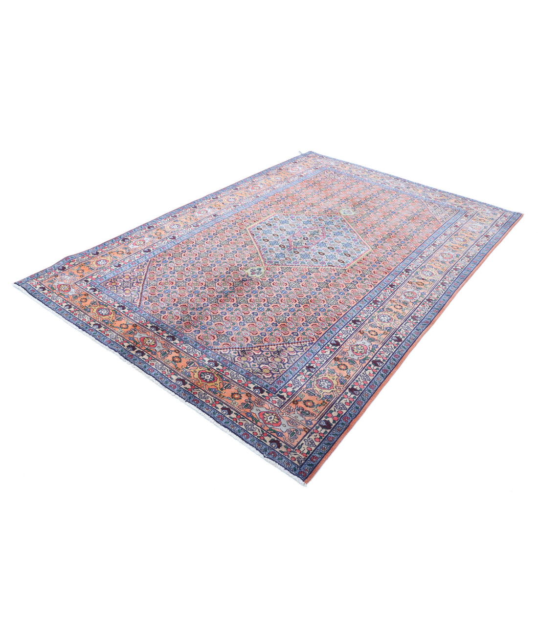 Hand Knotted Persian Bijar Wool Rug - 6'1'' x 9'3'' 6'1'' x 9'3'' (183 X 278) / Peach / Blue
