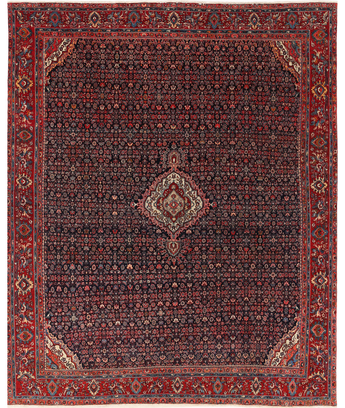 Hand Knotted Antique Persian Bijar Wool Rug - 10&#39;0&#39;&#39; x 12&#39;4&#39;&#39; 10&#39;0&#39;&#39; x 12&#39;4&#39;&#39; (300 X 370) / Blue / Red