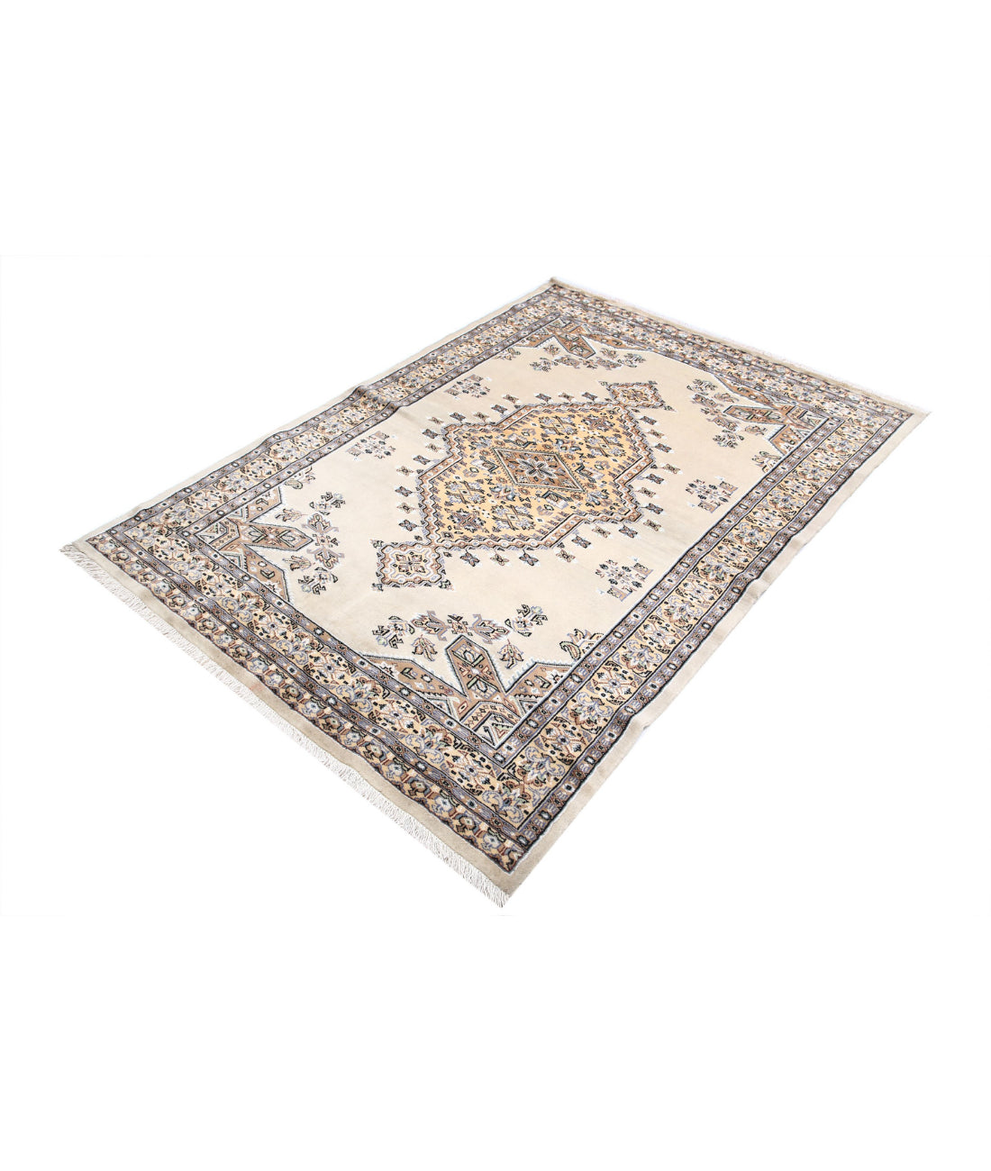 Hand Knotted Tribal Jaldar Fine Wool & Silk Rug - 4'6'' x 6'4'' 4'6'' x 6'4'' (135 X 190) / Ivory / Gold