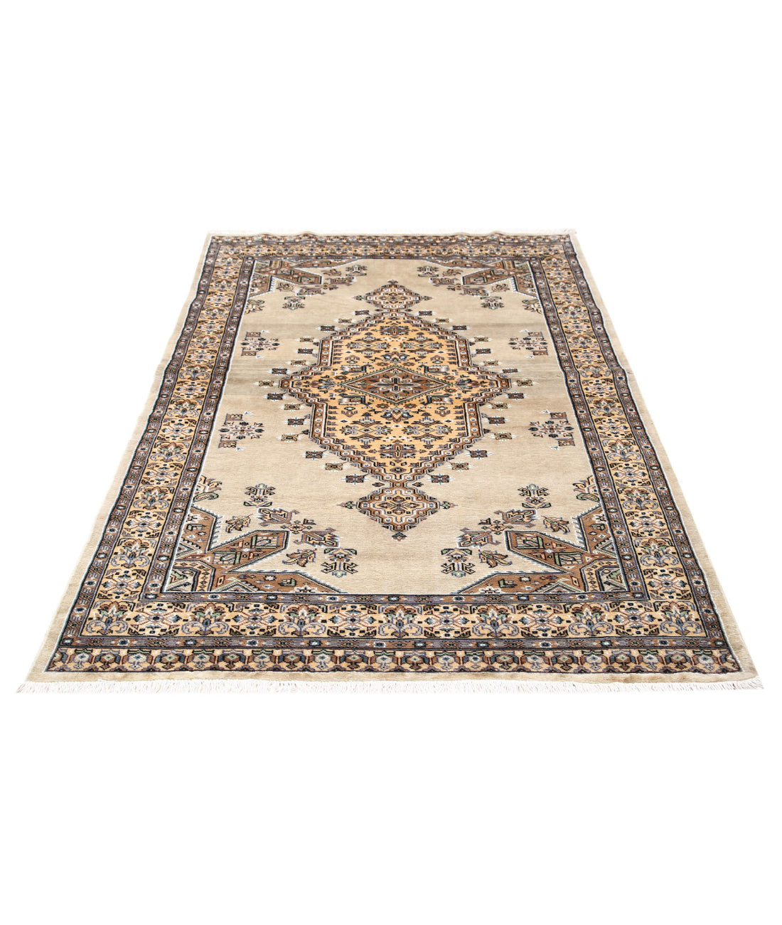 Hand Knotted Tribal Jaldar Fine Wool & Silk Rug - 4'6'' x 6'4'' 4'6'' x 6'4'' (135 X 190) / Ivory / Gold