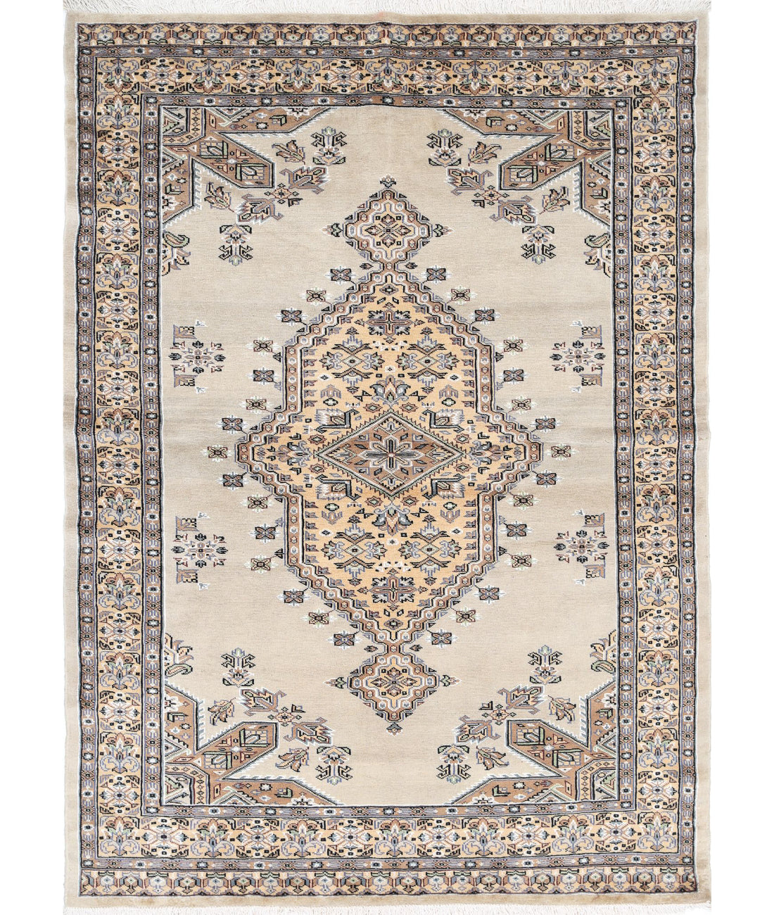 Hand Knotted Tribal Jaldar Fine Wool &amp; Silk Rug - 4&#39;6&#39;&#39; x 6&#39;4&#39;&#39; 4&#39;6&#39;&#39; x 6&#39;4&#39;&#39; (135 X 190) / Ivory / Gold