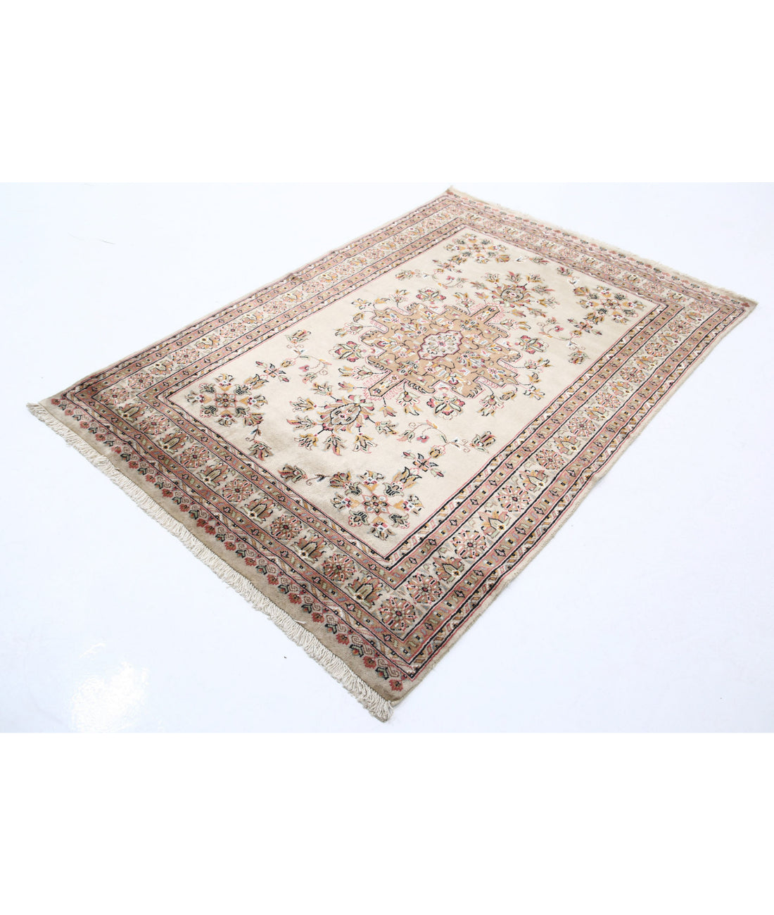 Hand Knotted Tribal Jaldar Fine Wool & Silk Rug - 4'6'' x 6'8'' 4'6'' x 6'8'' (135 X 200) / Ivory / Ivory
