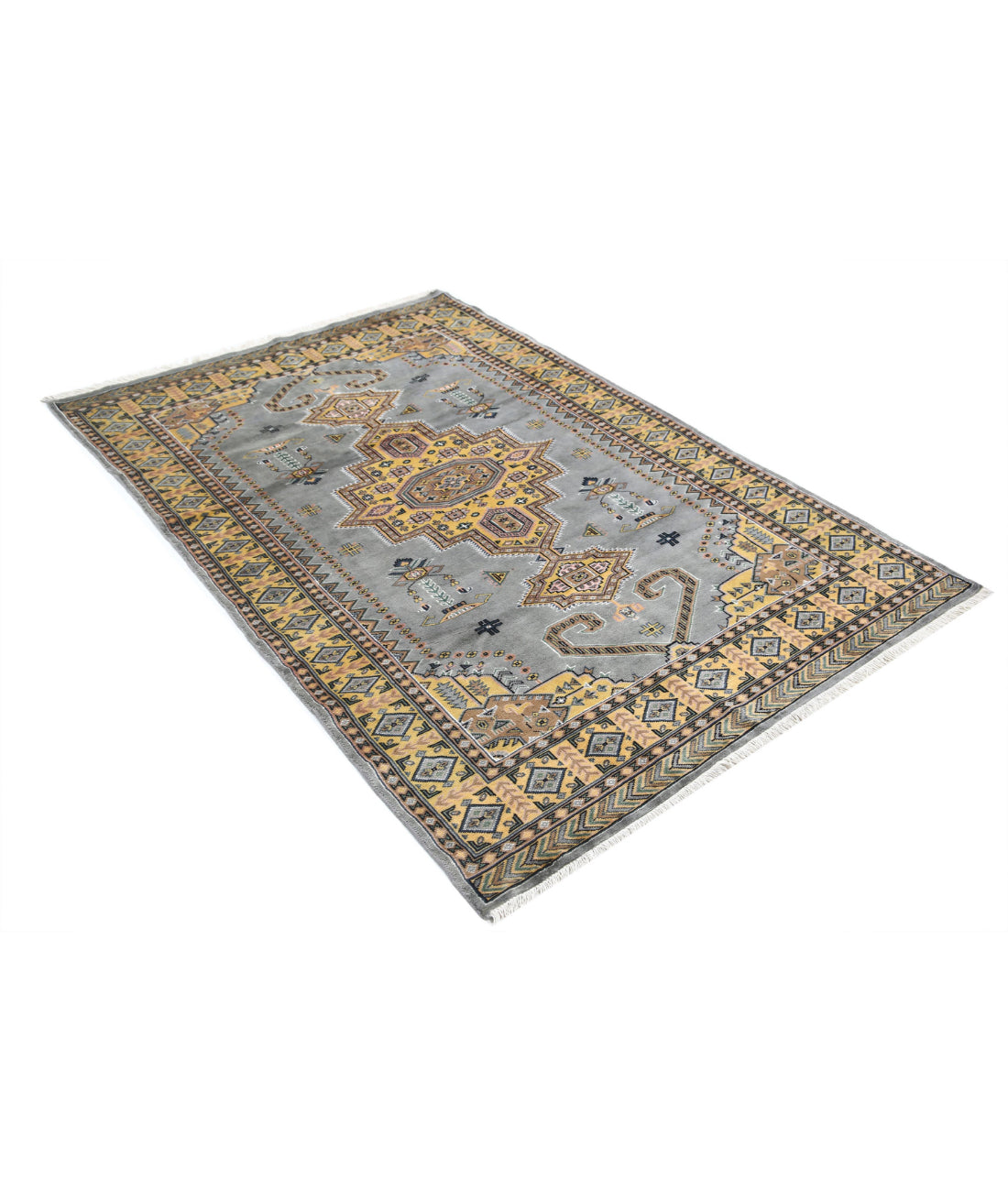 Hand Knotted Tribal Jaldar Fine Wool & Silk Rug - 4'6'' x 6'7'' 4'6'' x 6'7'' (135 X 198) / Grey / Gold