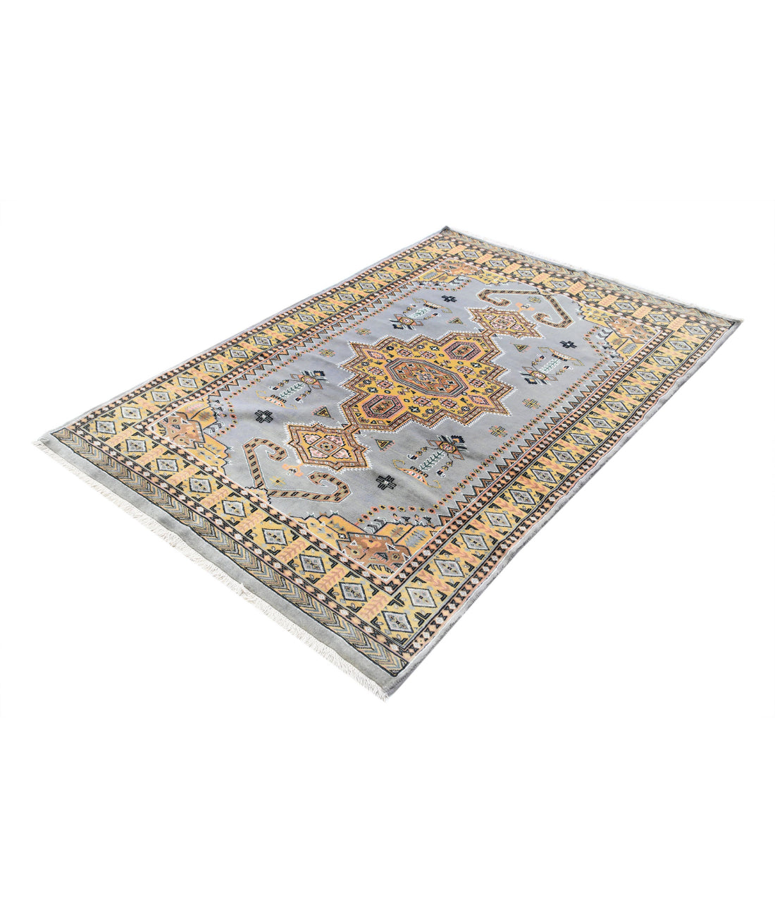 Hand Knotted Tribal Jaldar Fine Wool & Silk Rug - 4'6'' x 6'7'' 4'6'' x 6'7'' (135 X 198) / Grey / Gold
