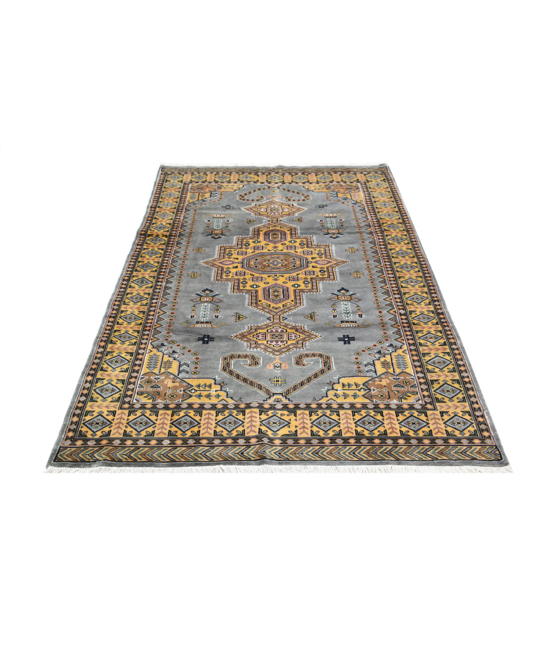 Hand Knotted Tribal Jaldar Fine Wool & Silk Rug - 4'6'' x 6'7'' 4'6'' x 6'7'' (135 X 198) / Grey / Gold