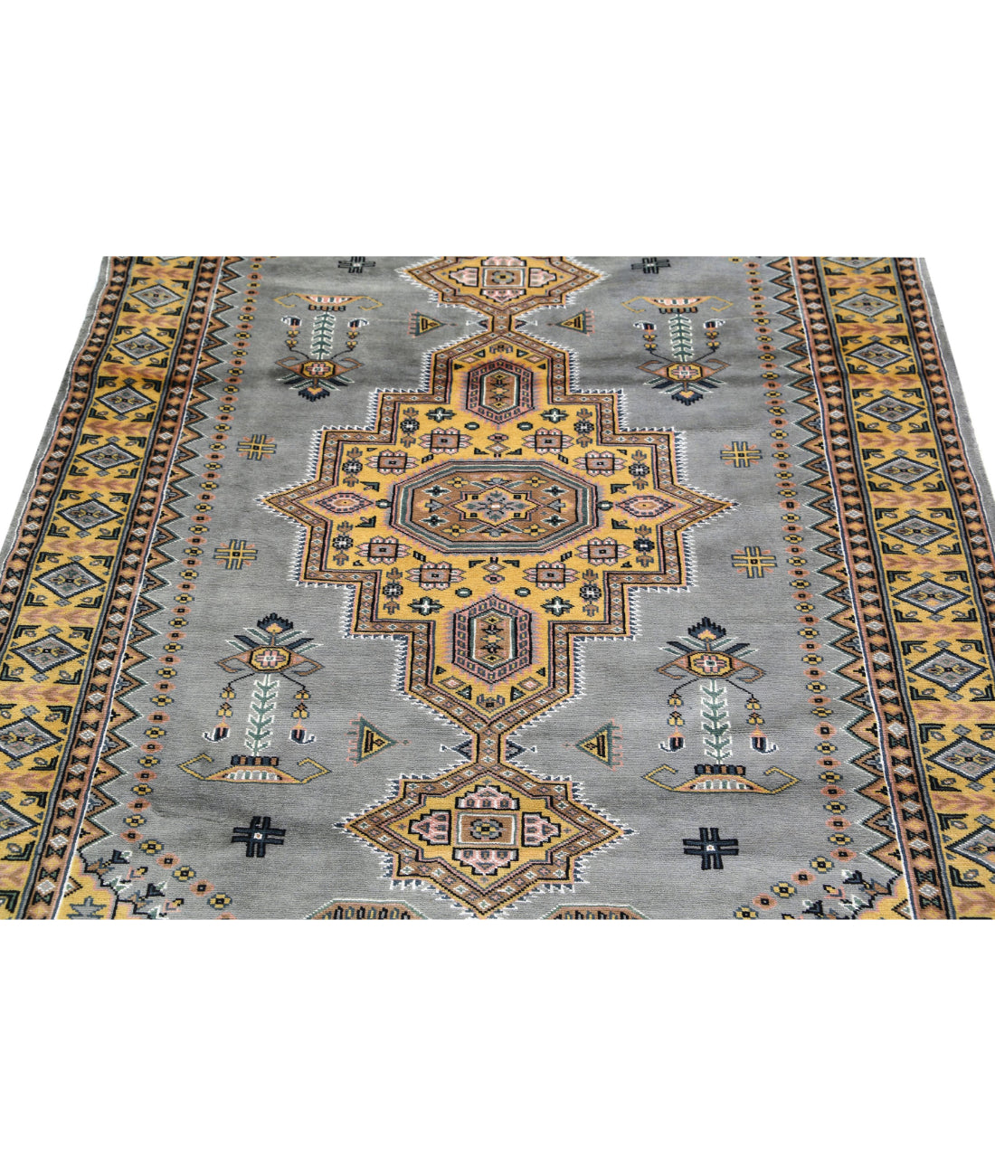 Hand Knotted Tribal Jaldar Fine Wool & Silk Rug - 4'6'' x 6'7'' 4'6'' x 6'7'' (135 X 198) / Grey / Gold
