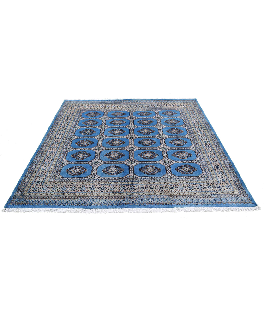 Hand Knotted Tribal Bokhara Wool Rug - 6'7'' x 6'5'' 6'7'' x 6'5'' (198 X 193) / Blue / Ivory
