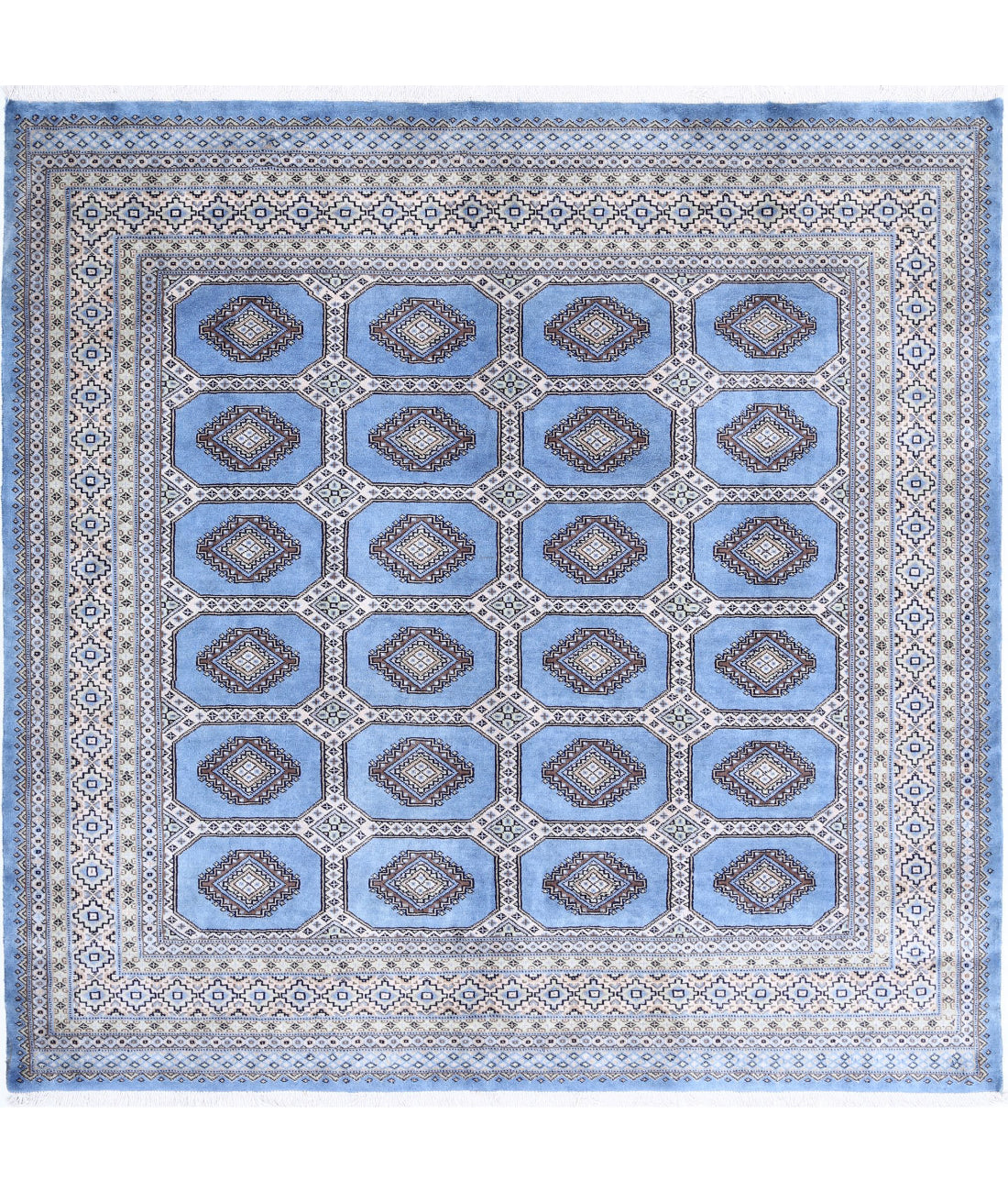 Hand Knotted Tribal Bokhara Wool Rug - 6&#39;7&#39;&#39; x 6&#39;5&#39;&#39; 6&#39;7&#39;&#39; x 6&#39;5&#39;&#39; (198 X 193) / Blue / Ivory