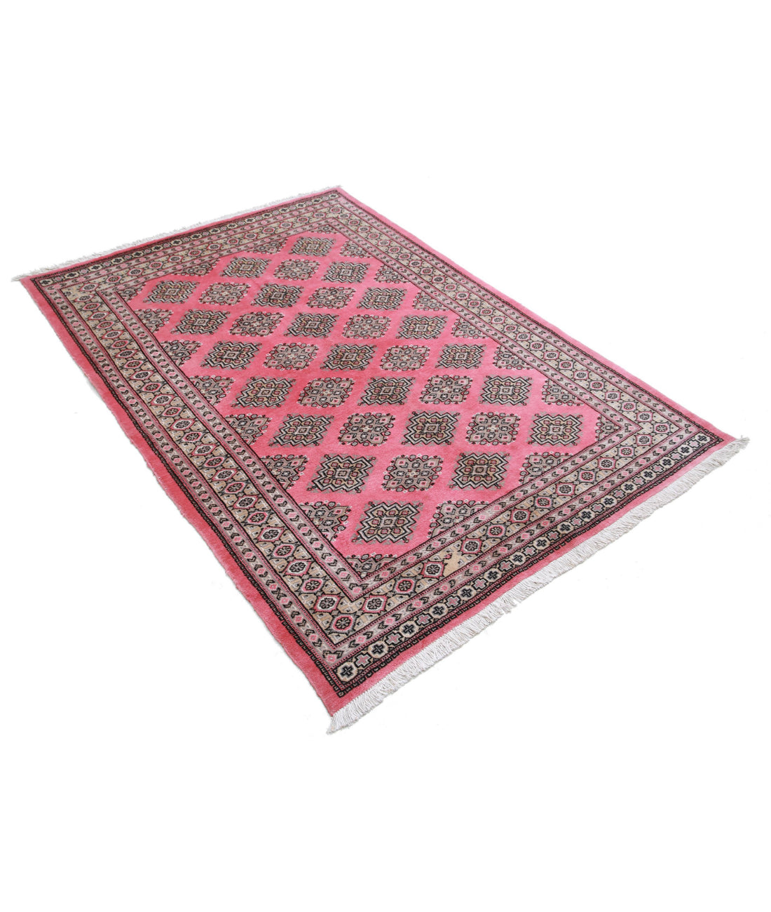 Hand Knotted Tribal Bokhara Wool Rug - 4'7'' x 6'5'' 4'7'' x 6'5'' (138 X 193) / Pink / Gold