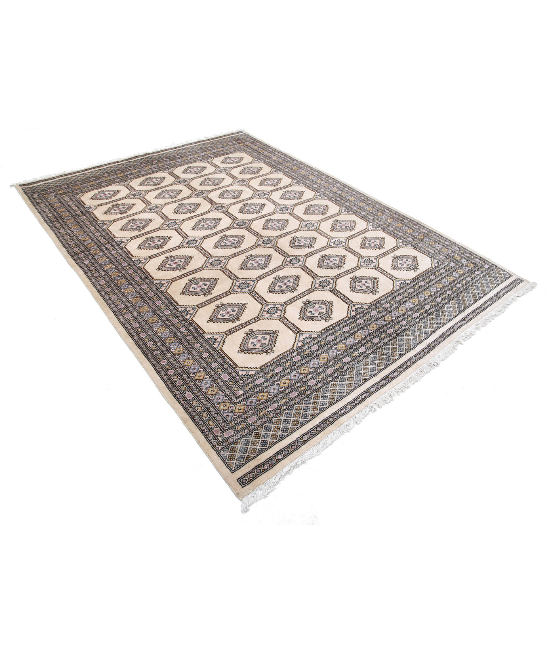 Hand Knotted Tribal Bokhara Wool Rug - 6'7'' x 8'8'' 6'7'' x 8'8'' (198 X 260) / Ivory / Black