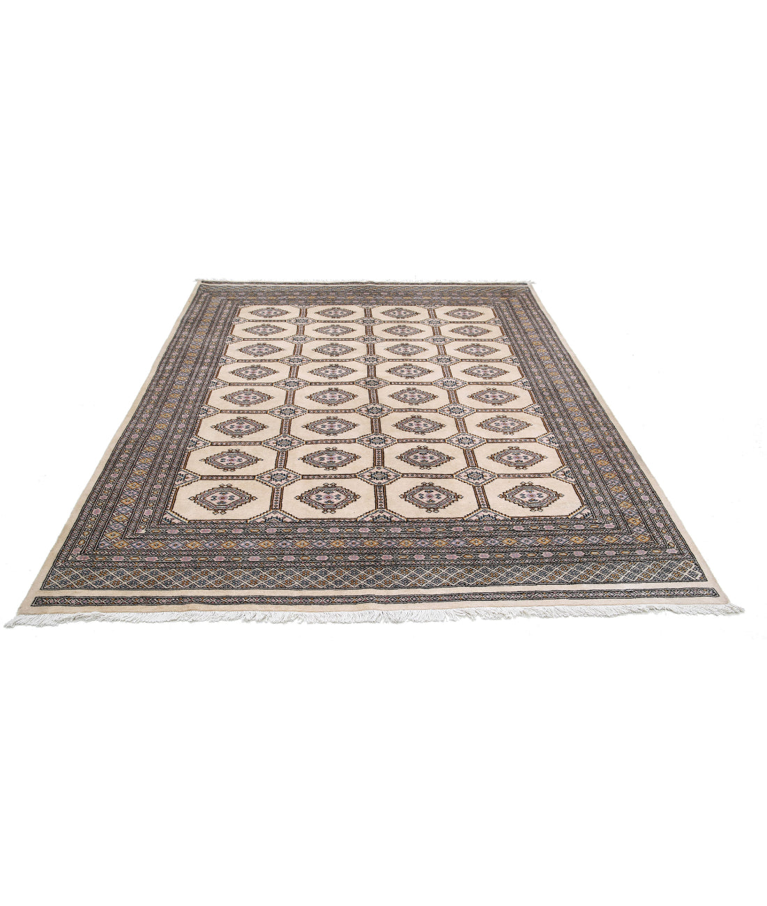 Hand Knotted Tribal Bokhara Wool Rug - 6'7'' x 8'8'' 6'7'' x 8'8'' (198 X 260) / Ivory / Black