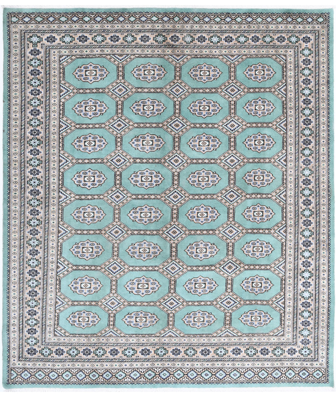 Hand Knotted Tribal Bokhara Wool Rug - 6'10'' x 7'9'' 6'10'' x 7'9'' (205 X 233) / Green / Taupe