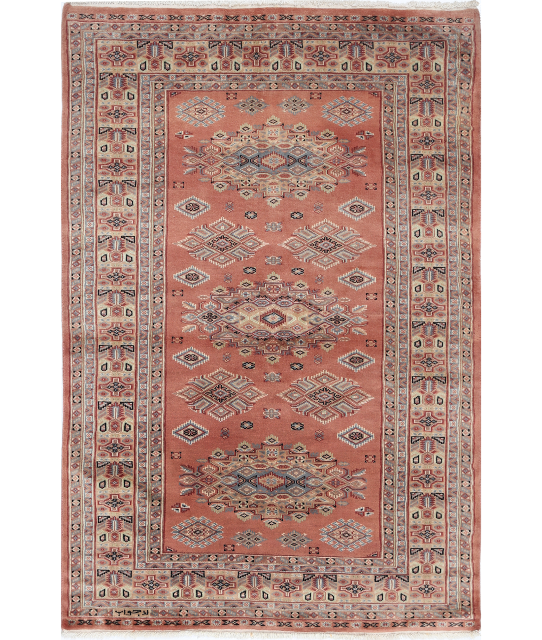 Hand Knotted Tribal Jaldar Fine Wool Rug - 4'2'' x 6'1'' 4' 2" X 6' 1" (127 X 185) / Peach / Ivory