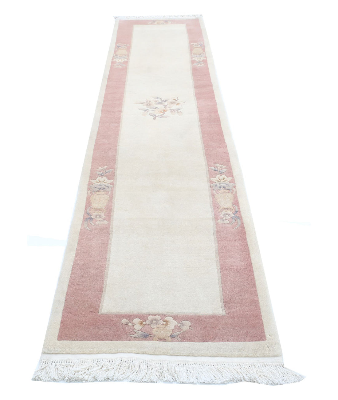 Hand Knotted Chinese Wool Rug - 2'6'' x 11'11'' 2'6'' x 11'11'' (75 X 358) / Ivory / Pink