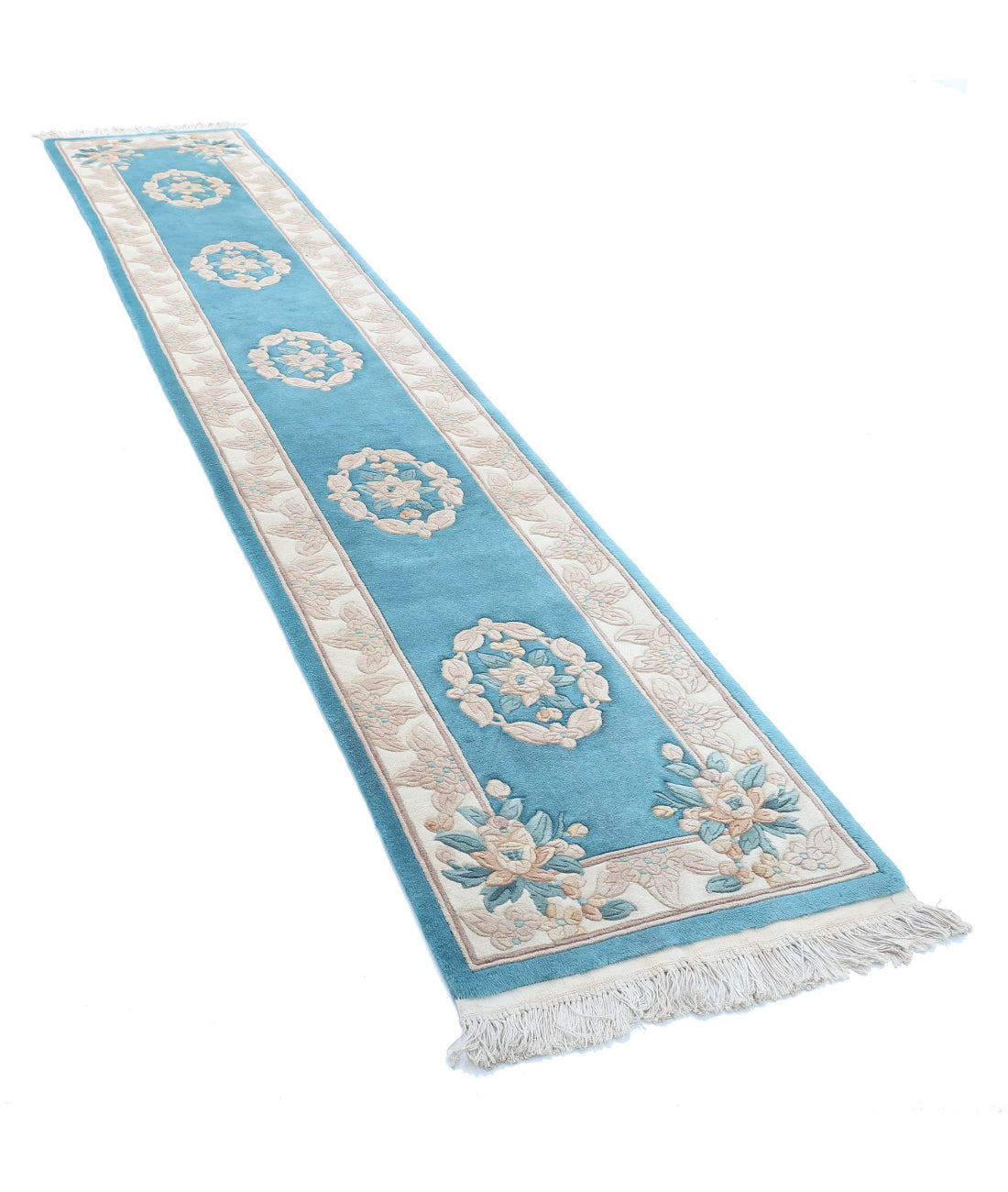 Hand Knotted Chinese Wool Rug - 2'3'' x 11'11'' 2'3'' x 11'11'' (68 X 358) / Blue / Ivory