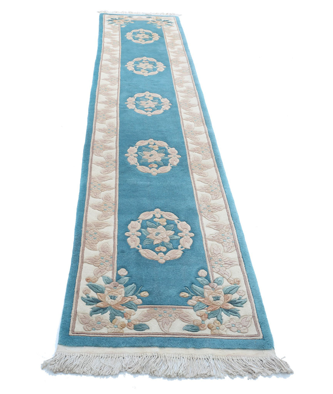 Hand Knotted Chinese Wool Rug - 2'3'' x 11'11'' 2'3'' x 11'11'' (68 X 358) / Blue / Ivory