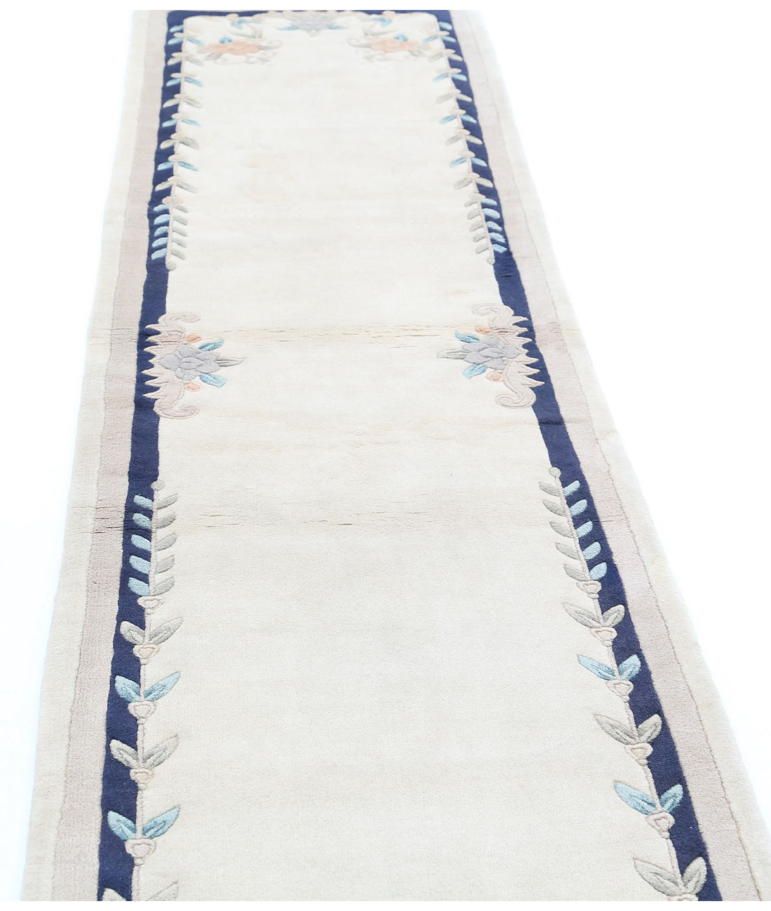 Hand Knotted Chinese Wool Rug - 2'6'' x 11'10'' 2'6'' x 11'10'' (265 X 363) / Ivory / Blue