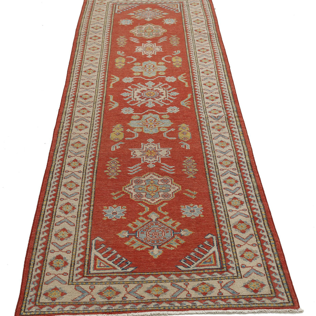 Alfombra tribal de lana kazaja anudada a mano - 2'9'' x 8'5''