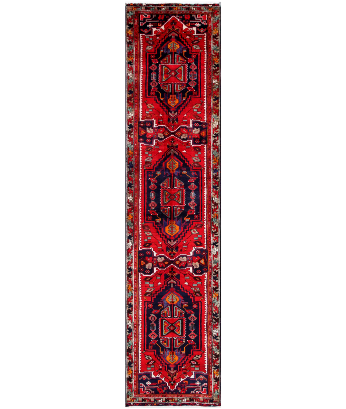 Hand Knotted Hamadan Wool Rug  - 3' 1" X 13' 1"
