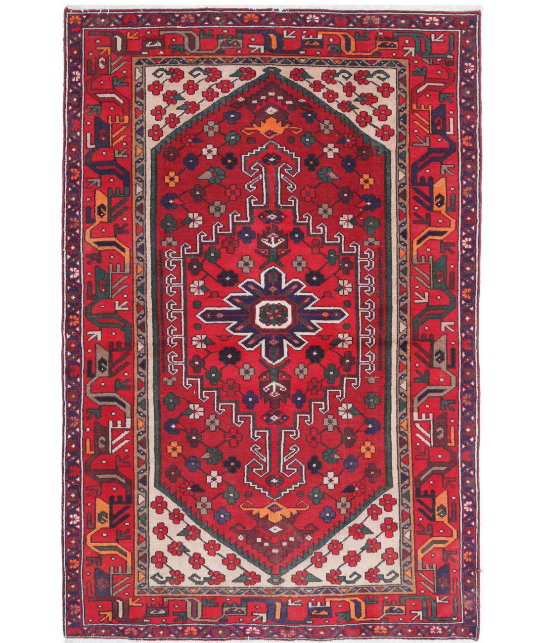 Hand Knotted Persian Hamadan Wool Rug - 4'0'' x 6'0'' 4'0'' x 6'0'' (120 X 180) / Red / Ivory