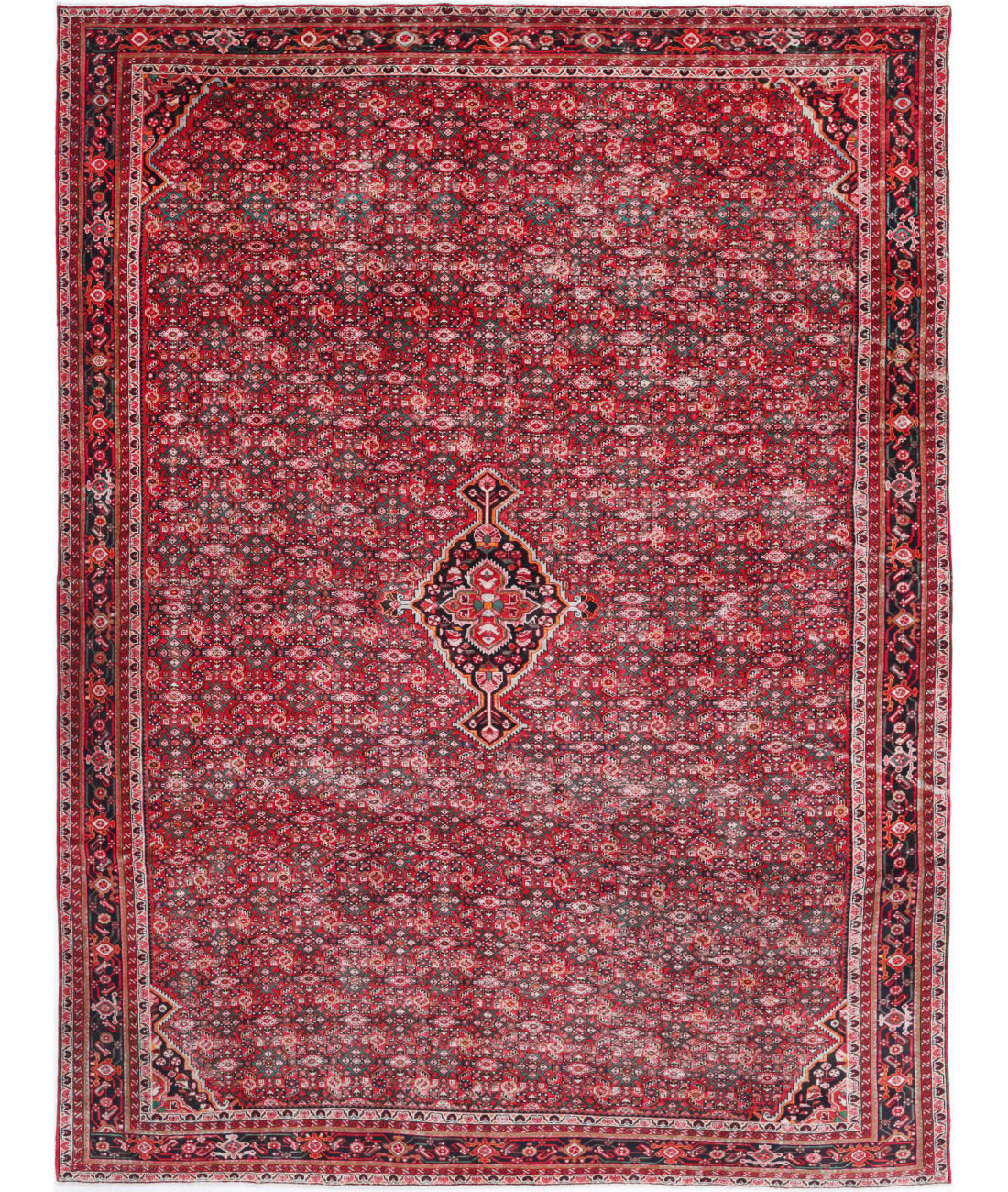 Hand Knotted Persian Hamadan Wool Rug - 11&#39;1&#39;&#39; x 14&#39;10&#39;&#39; 11&#39;1&#39;&#39; x 14&#39;10&#39;&#39; (333 X 445) / Red / Black